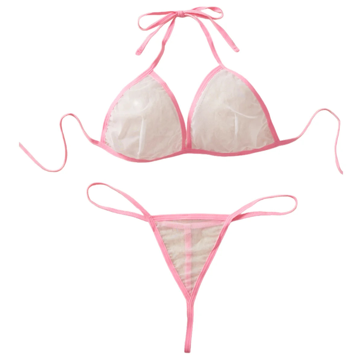 Pink Transparent Mesh Bikini Set See Through Cups Sexy Female Lingerie Hot Underwear For Women Erotic Costumes Bra & Thongs Sets