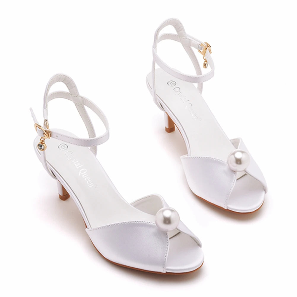 Crystal Queen Banquet Dress Sandal White Silk Pearl Lady Wedding Shoes Women Stiletto Open Toe 6CM High Heels