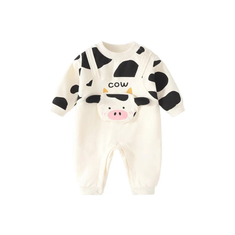 Kids Fashion Long Pants Cow Baby Romper Casual Outfit Infant False Two-pieces Jumpsuit Soft Cotton Newborn Jumpsuit Boy Girl