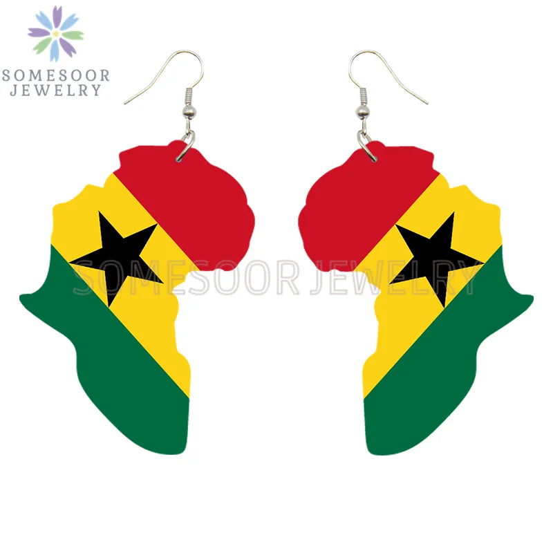 SOMESOOR Afro Countries National Flags Print Africa Map Wooden Drop Earrings Pendant For Women African Mainland Dangle Jewelry