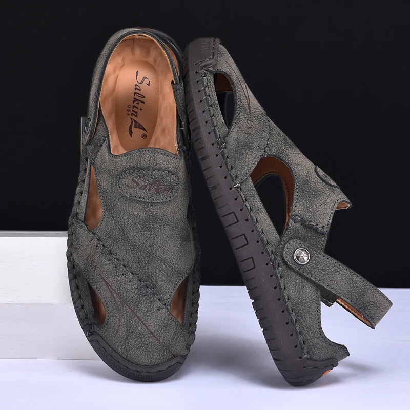 New Handmade Summer Sandals Men Breathable Leather Shoes Man Outdoor Men Sandals Antiskid Beach Sandals Hollow Shoes Footwear