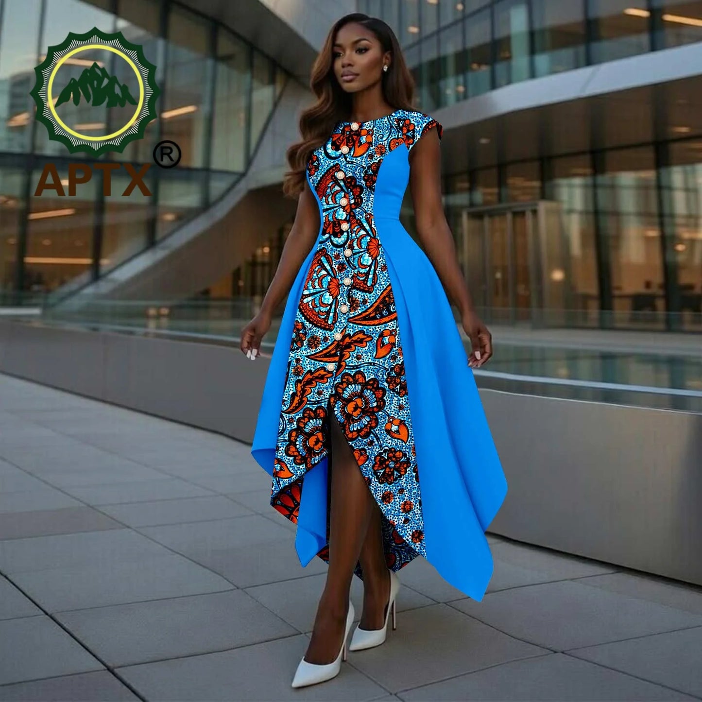 African Dress for Women Ankara Print O-Neck Short sleeve Ankle-Length Patchwork Asymmetrical Dress Dashiki Casual Party