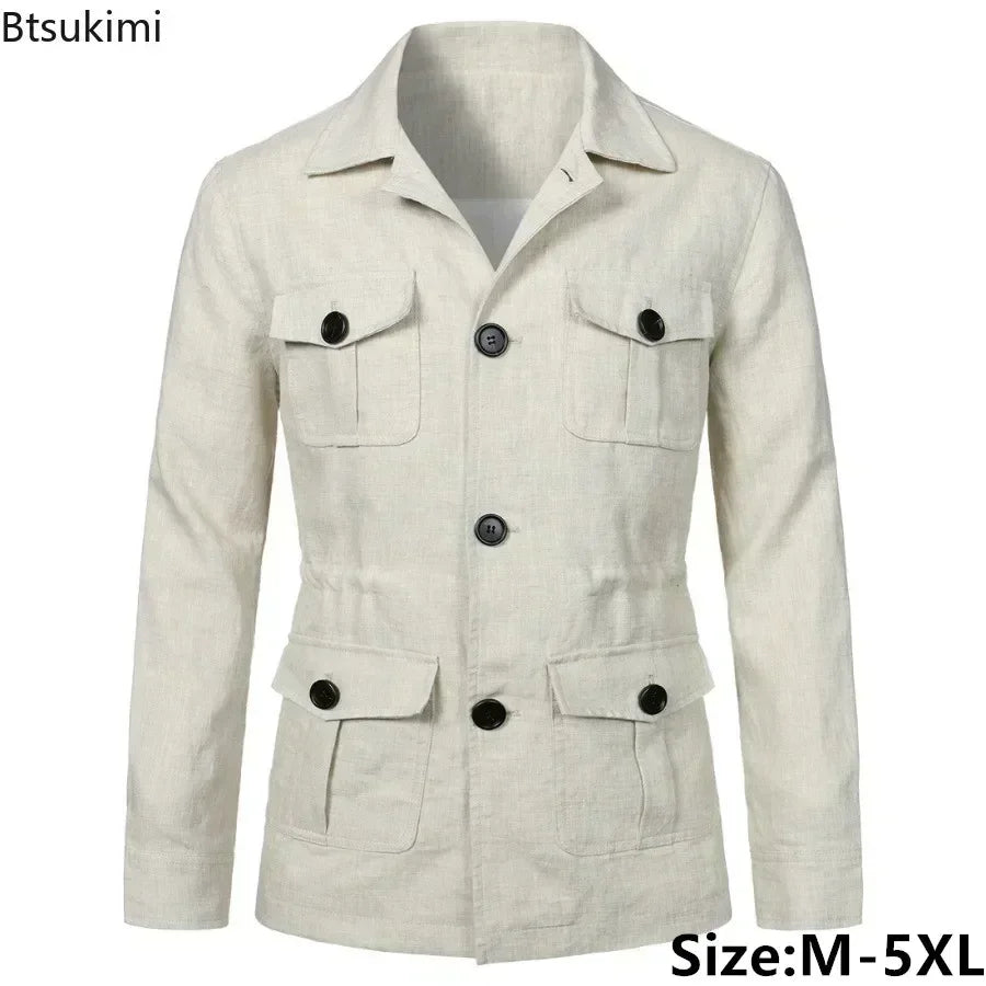 2026 British Style Men's Linen Safari Jackets Fashion Vintage Multi Pockets Cargo Jacket Streetwear Gentry Casual Outerwear Male