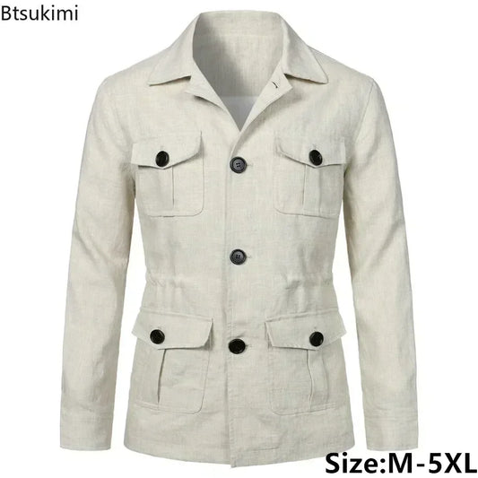 2026 British Style Men's Linen Safari Jackets Fashion Vintage Multi Pockets Cargo Jacket Streetwear Gentry Casual Outerwear Male