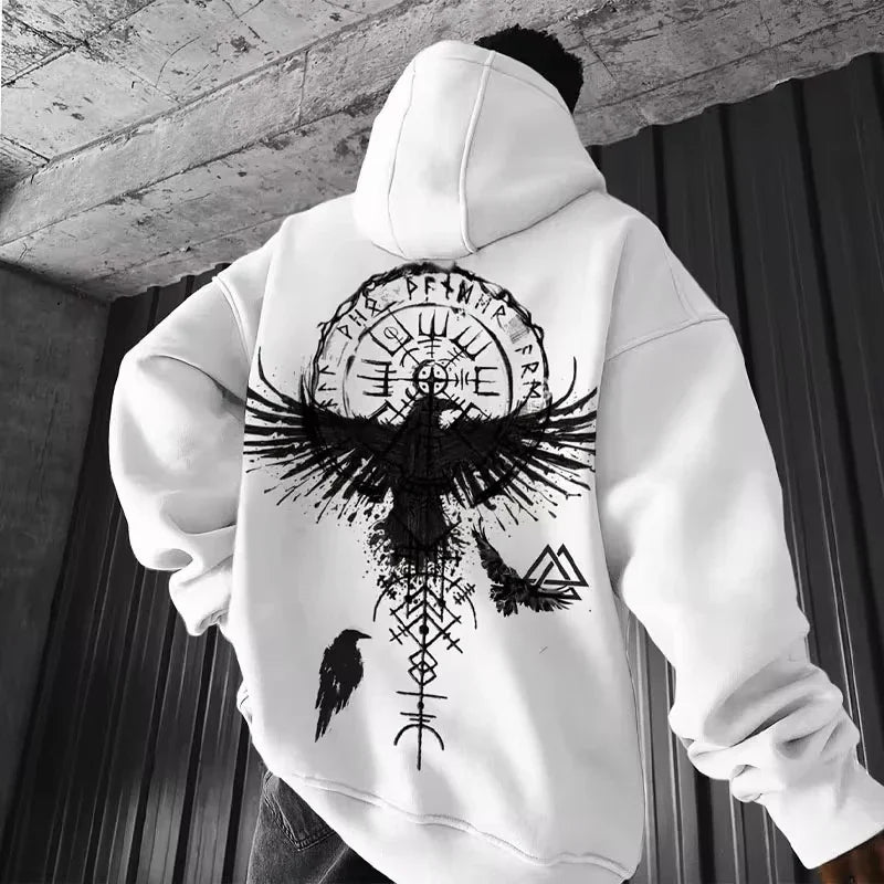 Men's Viking Totem Printed Hooded Sweatshirt Y2K Hooded Sweatshirt Loose Eagle Pattern Sportswear BAZAARHUBO