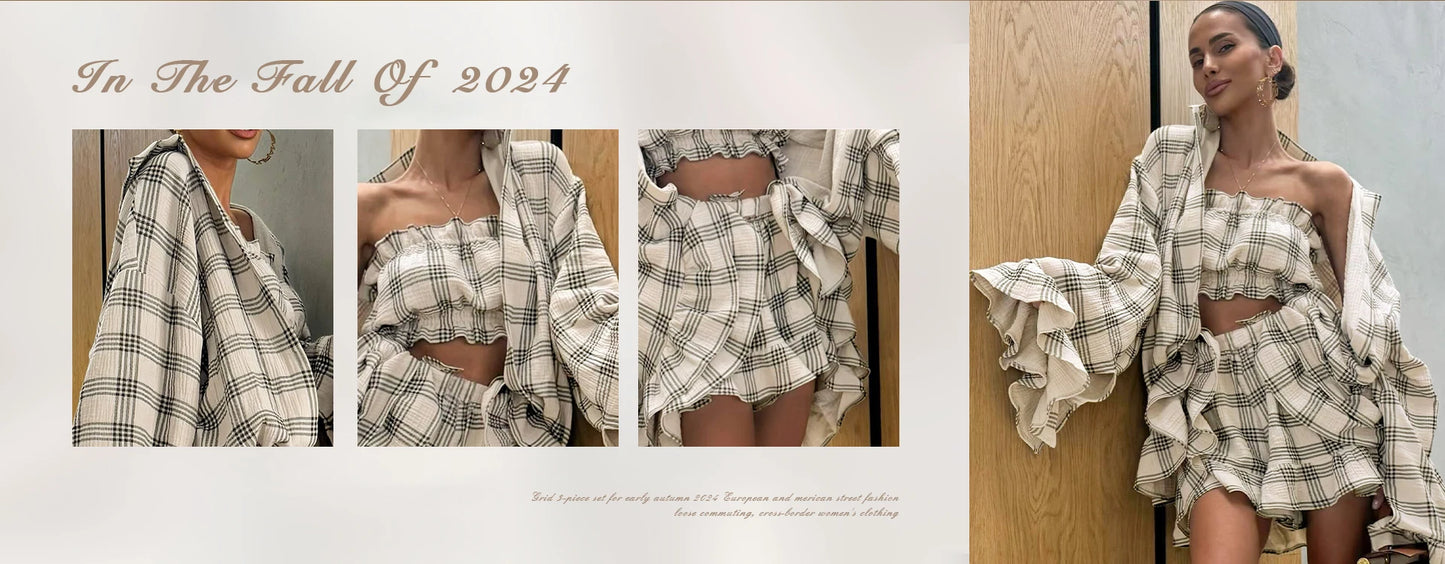 Clacive Fashion Loose Plaid Cotton Women's 3 Pieces Set 2025 Elegant Long Sleeve Shirt With High Wiast Wide Pants Set Female