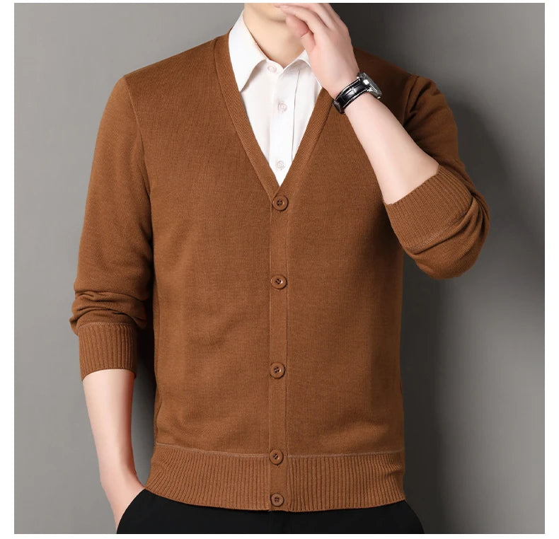 Mens Autumn Clothes Fleece Cardigan Jacket Knitted Sweater Outwear V-neck Fashion Cardigans Warm Men's Top