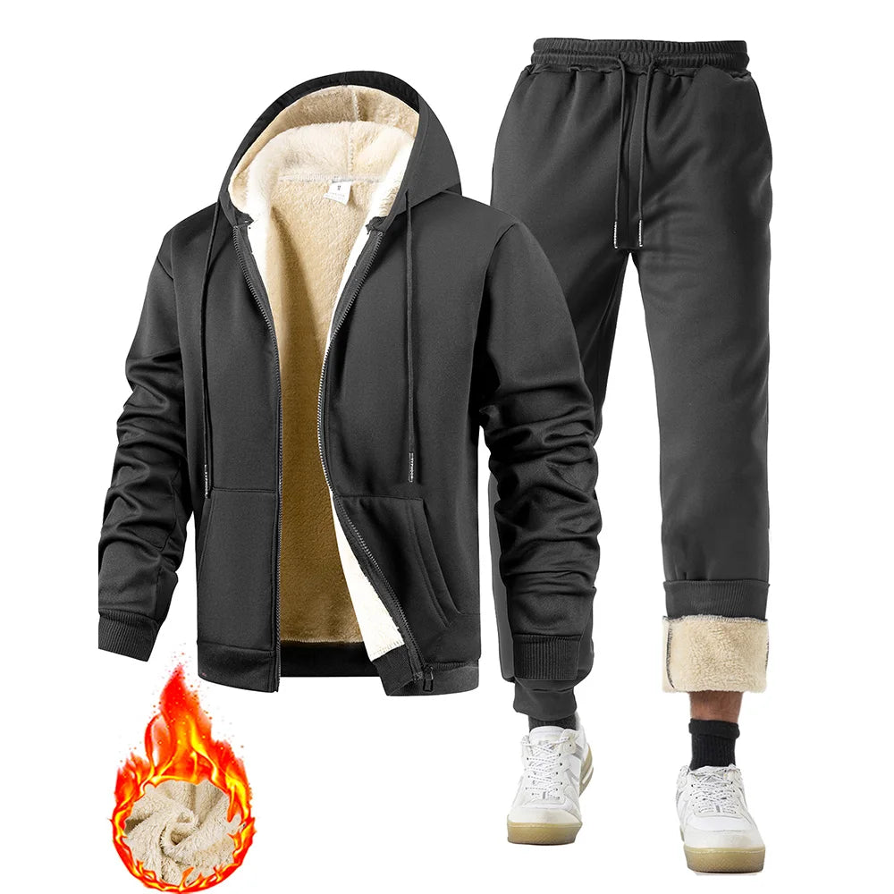 Men Tracksuit Sets Lambswool Thicken Warm Jacket Long Pants Zipper Sweatshirt Coat Trousers Outdoor Casual Fleece Sportswear