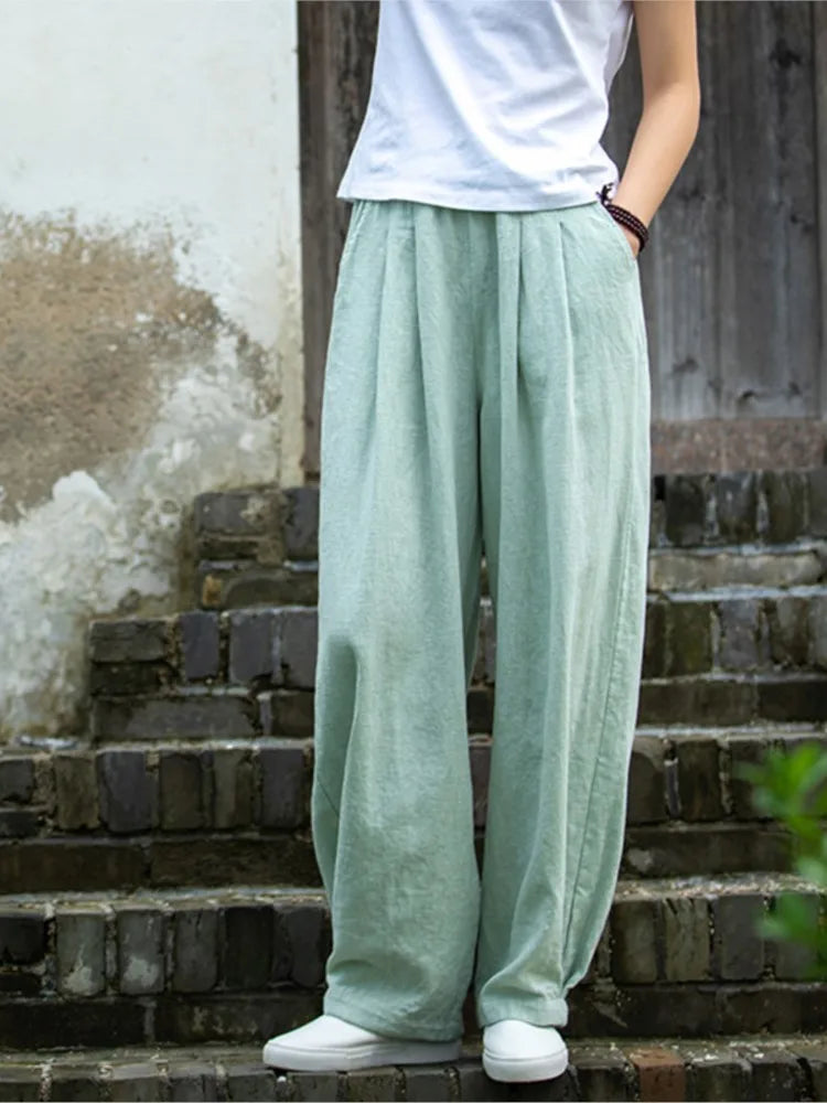 Johnature Women Loose Cotton Linen Casual Pants Solid Color Elastic Waist Lantern Pants 2025 Spring New Female Trousers