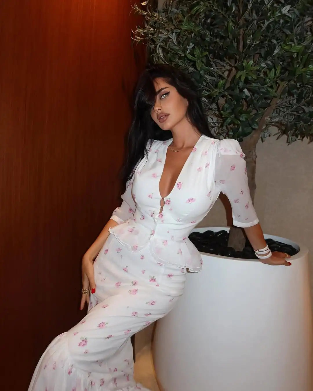 Women White Pink Floral Print Fishtail Skirt Set Chic V Neck Puff Sleeve Ruffle Button Crop Top Suit Elegant Lady Wedding Outfit