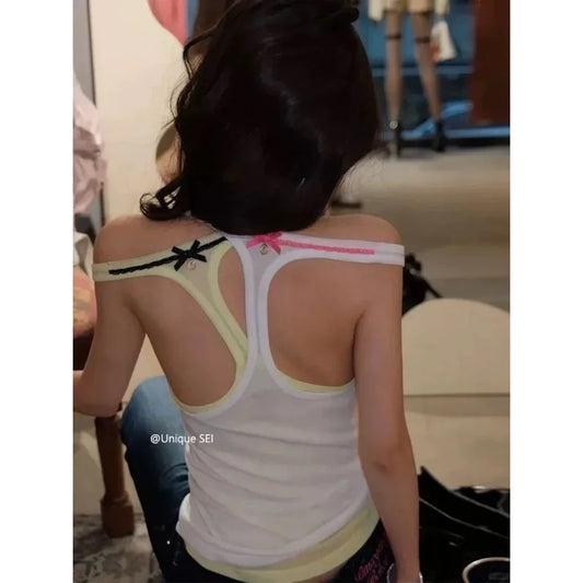 American Style Sexy See-through Slim Camisole Women 2026 Summer New Streetwear Backless Bow Patchwork Casual Tops