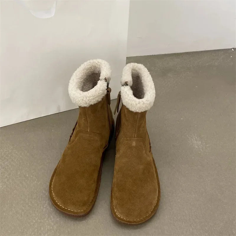 Careaymade-Genuine cow leather Snow cotton round head flats woolen short boots plush warm snow boots Oversized shoes size 35-43