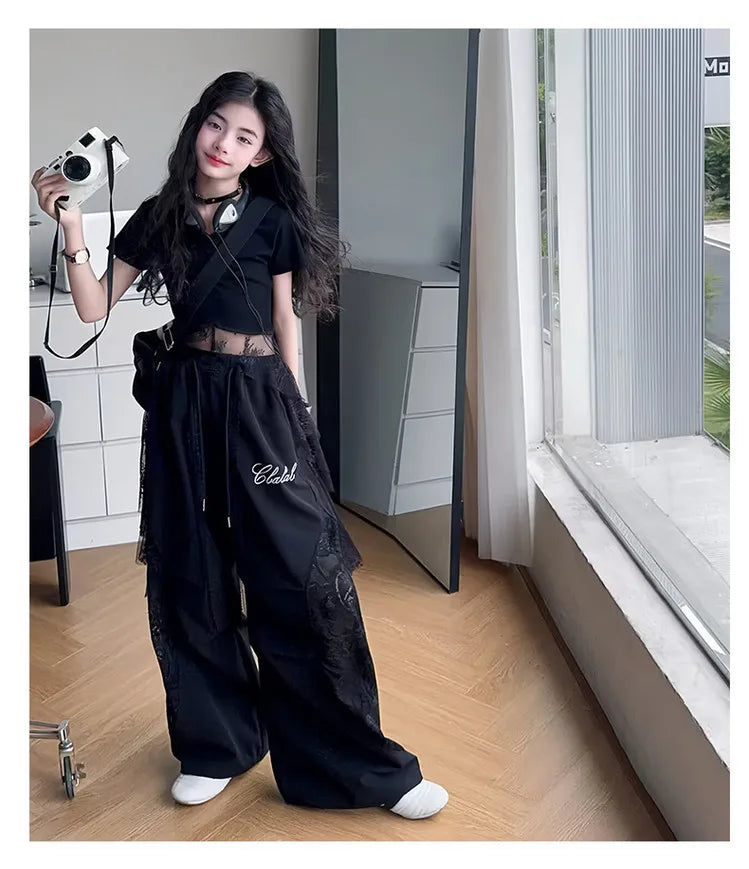 4-14 girls Hip Hop Jazz Street Dance clothes Set Child Summer Clothing Lace patchwork T-shirt+work pants 2pcs kids outfits suit
