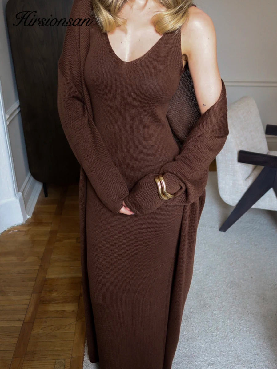 Hirsionsan Soft Loose Sets Women Three Pieces Long Sleeve Cardigan & Sexy Vest Dresses Elegant Female Hollow Outfits Tracksuit
