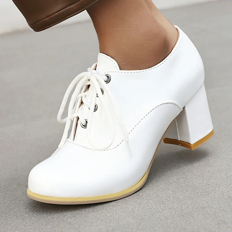 Women's Purple High Heels Loafer Shoes Fashion Lace-up Black White Block Heeled Party Wedding Office Shoes Female Big Size 45
