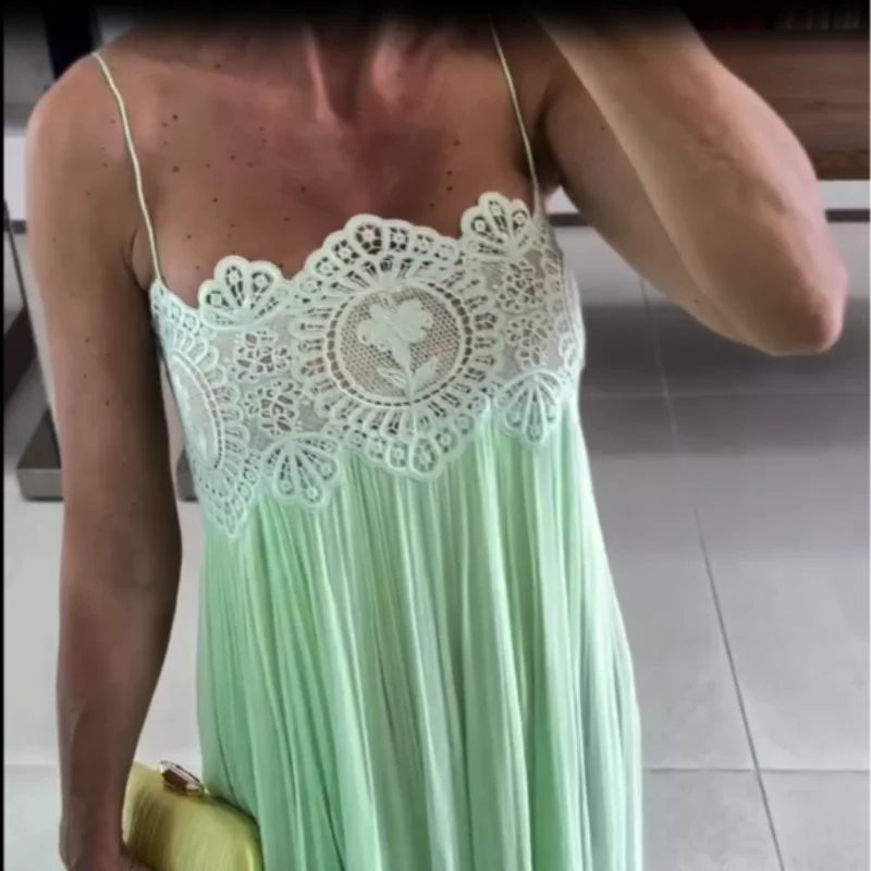 Women Lace Patchwork Pleated Slip Green Maix Dress Sexy Spaghetti Strap Sleeveless Backless 2026 Summer Vacation Beach Robe New