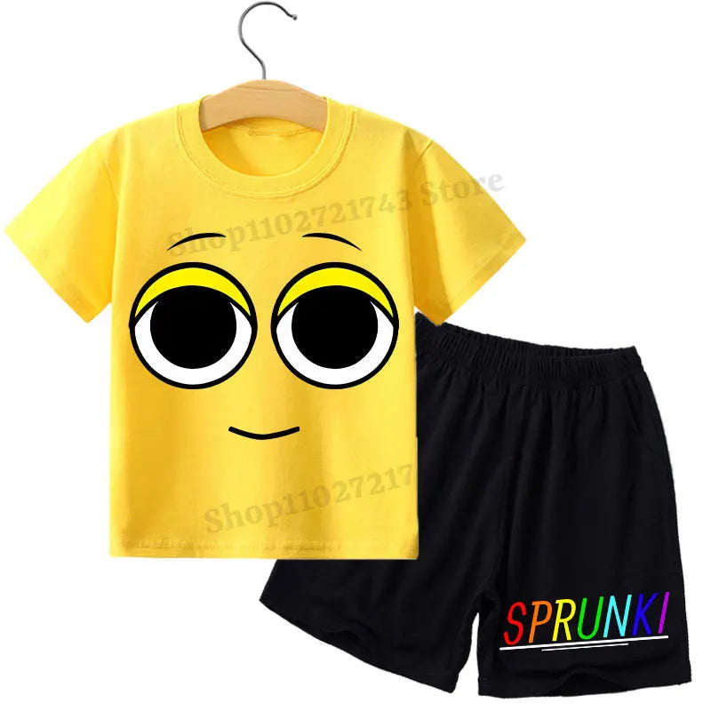 Kids 2 Piece Outfit Sprunki Red Face Character T-Shirt + Shorts Set Boys Girls 100% Cotton Casual Summer Pajamas Set