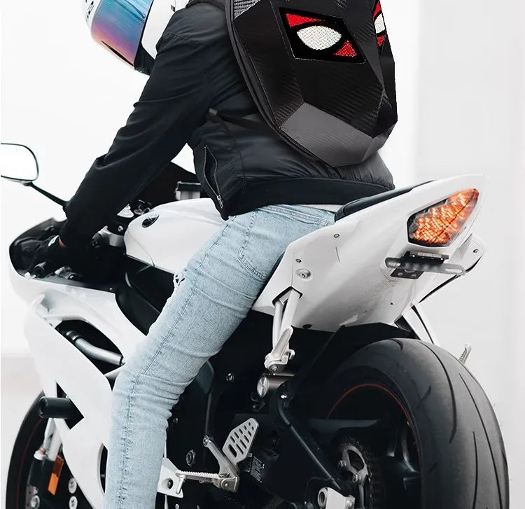 LED Motorcycle Rider Backpack Eyes Glow pattern carbon fiber texture helmet locomotive backpack school bag Moto Laptop backpack