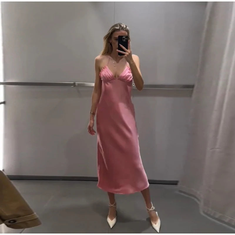 Elegant Satin Pink Women's Long Dresses Fashion Sleeveless Backless Slim Fit Hem Midi Dress Summer Female Holiday Robes 2026