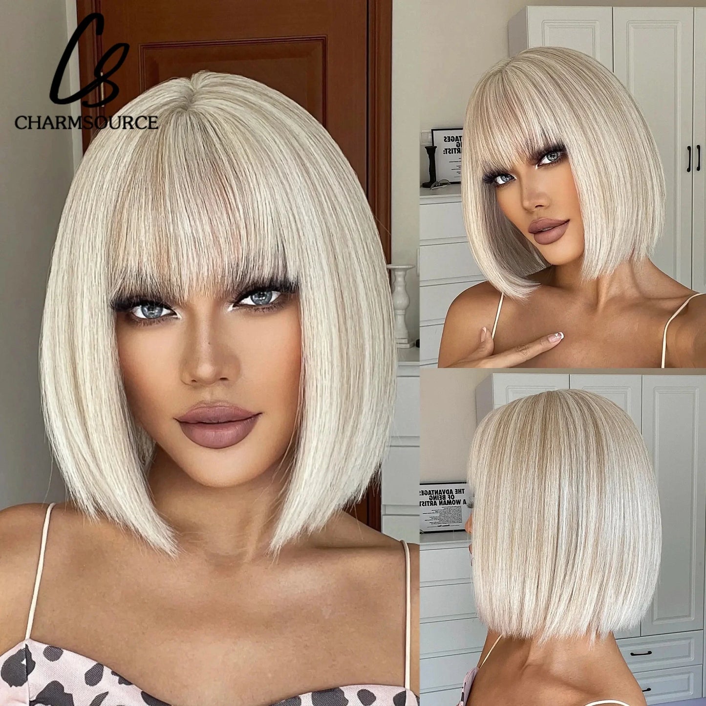 Copper Ginger Short Bob Straight Synthetic Wig with Bangs Heat Resistant Natural Looking Hair for Women Daily Use Cosplay Party