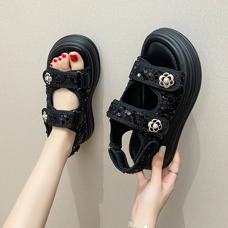 Women's Platform Sandals Handmade Leather Rubber Bottom Flat Sandals Metal Decorative Element Summer Casual Ladies Outdoor Shoes