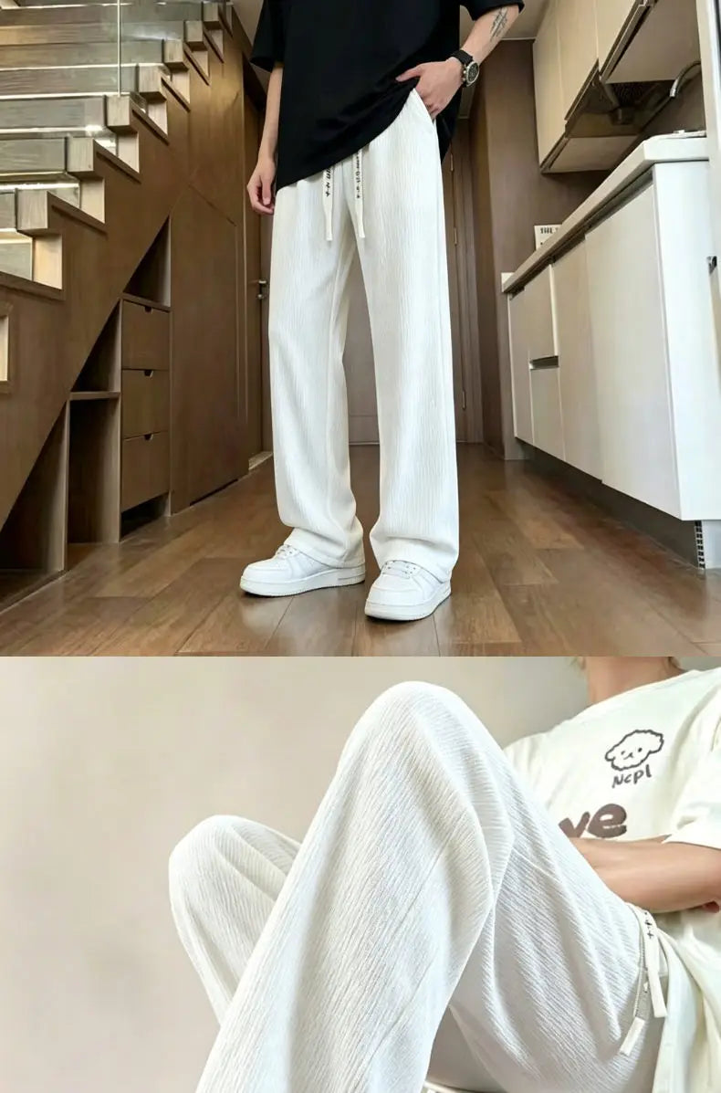 New Mens Wide Leg Pants Summer Loose Textured Casual Trousers Baggy Straight Relaxed Fit Streetwear Comfortable Pants