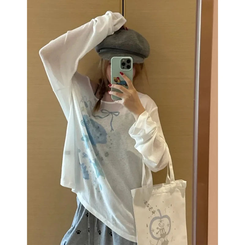 Printing Sexy Perspective Pullovers Top Summer New Long Sleeve Loose Lazy Style Simplicity T Shirts Fashion Casual Women Clothes