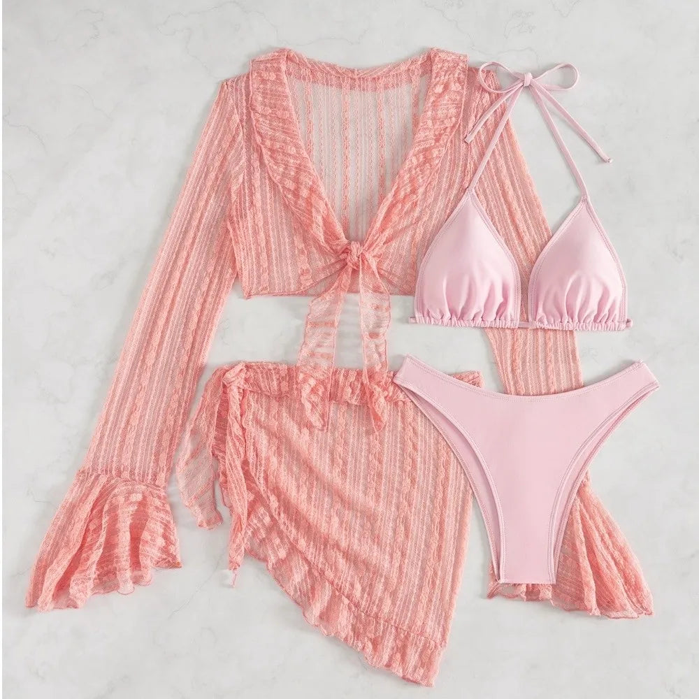 4Pcs/Set Fashion Summer Women Swimsuit Long-sleeve Party Cover-up Swimwear Vacation Casual Brazilian Beachwear for Women