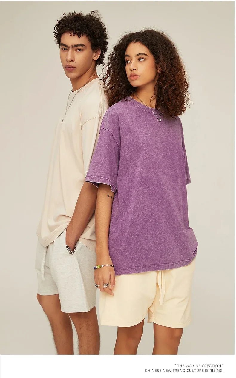 American Style Retro Heavyweight Solid Color Short Sleeved T-shirt Men Women Summer Street Trendy Washed Old Oversized Clothes