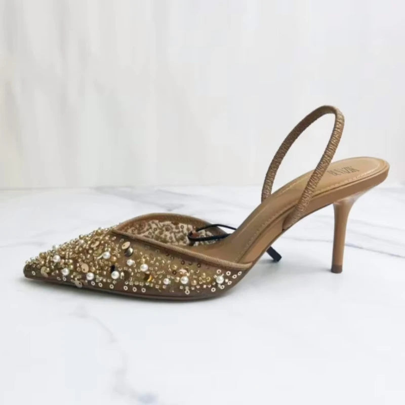 Brand High Heeled Formal Party Shoes for Lady Luxury Sequin Pearl Stiletto Elengat Mesh Slingbacks 2026 Women Modern Sandals