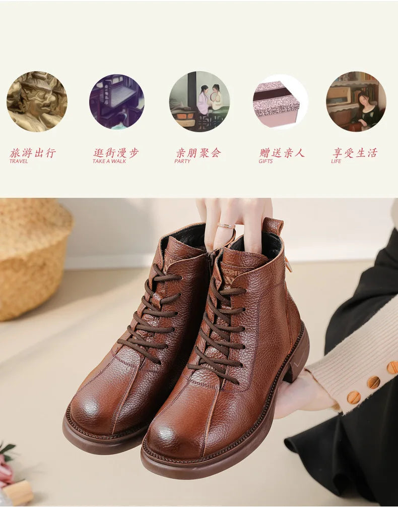 Xiuteng Autumn New Cowhide Mid-Heel Soft-Soled Women's Short Boots Retro Casual Leather  Boots Warm Women's Cotton Shoes