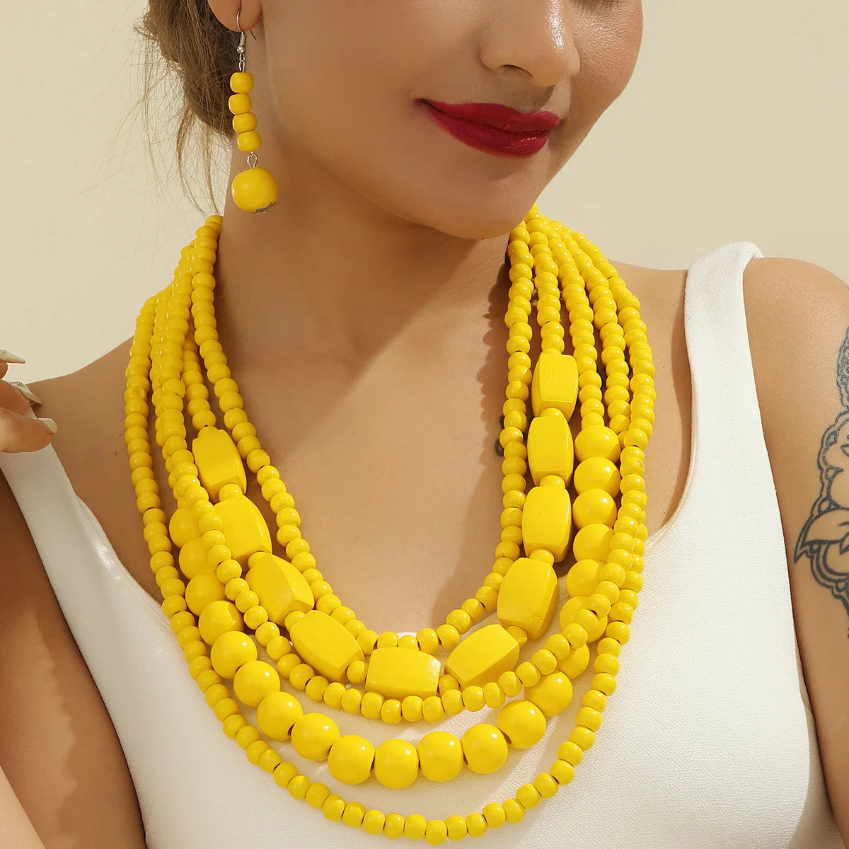 Colorful African Style Multi-Layer Wooden Bead Jewelry Sets Chokers Necklace Colorful Bohemian Necklace Earrings Set Party Jewel