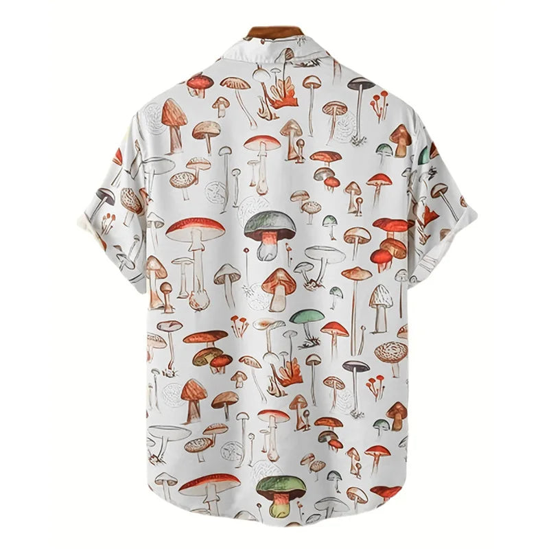 New Summer Men Hawaiian Style Shirt Fashion Casual Streetwear Turn-down Collar Short Sleeve Cartoon Mushroom Beach Printed Shirt