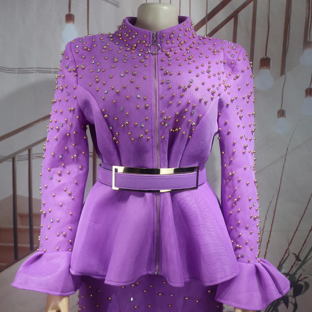 Fashion Suit African Dresses for Woman Rhinestone Turkey Dresses for Women Luxury High Quality Mesh Fabric African Beaded Dress