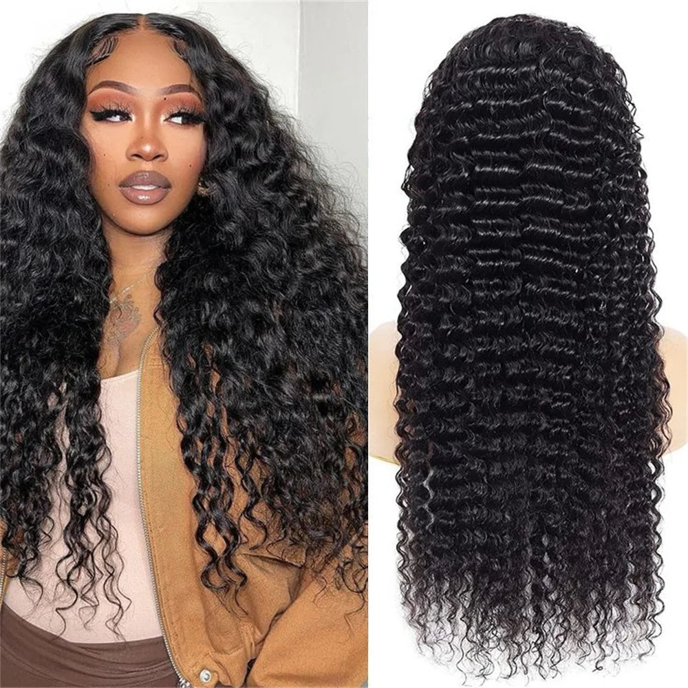 Princess Deep Wave 13X5 Lace Frontal Wigs For Women Brazilian Human Hair Wig Transparent Lace Pre plucked Natural Black Color