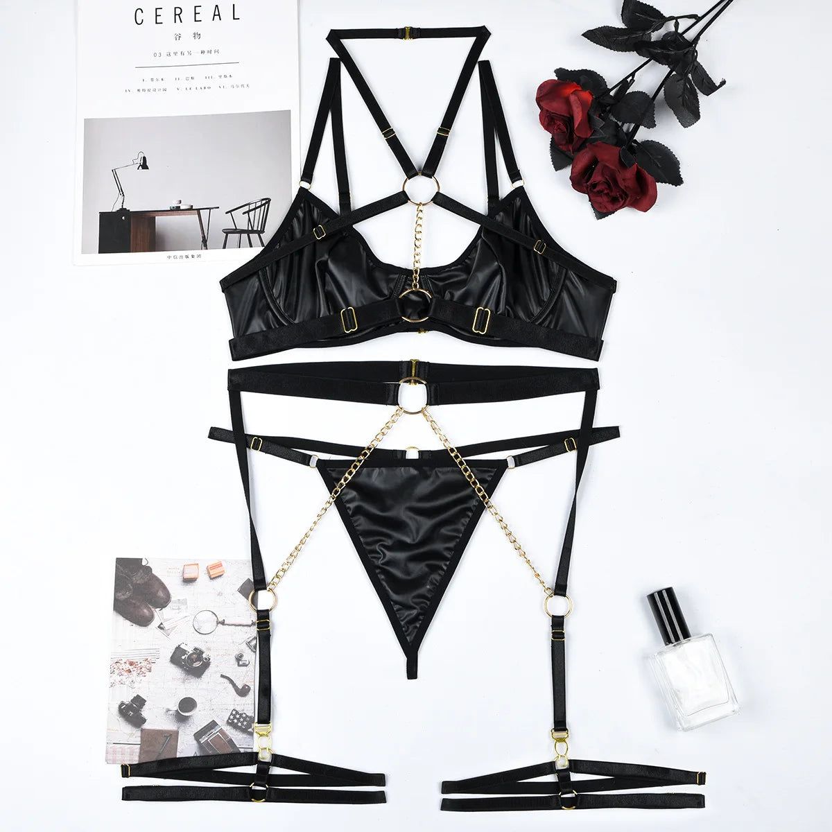 Women Sexy Lingerie Three Piece Set Chain Neck Waist Seal Heavy Craft Sexy Lingerie Outfit Intimates Erotic Costume Ropa Mujer