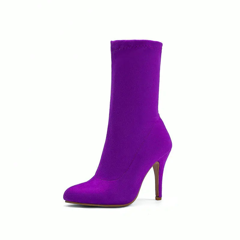 2023 Autumn Winter Sock Short Boots Lady Mid-Calf Thin High Heels Large Size 46 Fashion Women Shoes Elastic Flock Pointed Boots