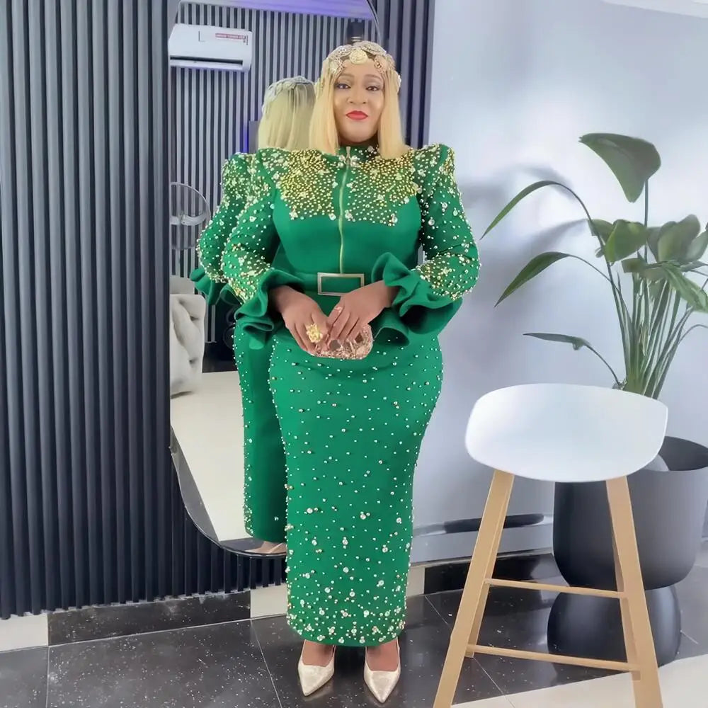 Fashion Suit African Dresses for Woman Rhinestone Turkey Dresses for Women Luxury High Quality Mesh Fabric African Beaded Dress
