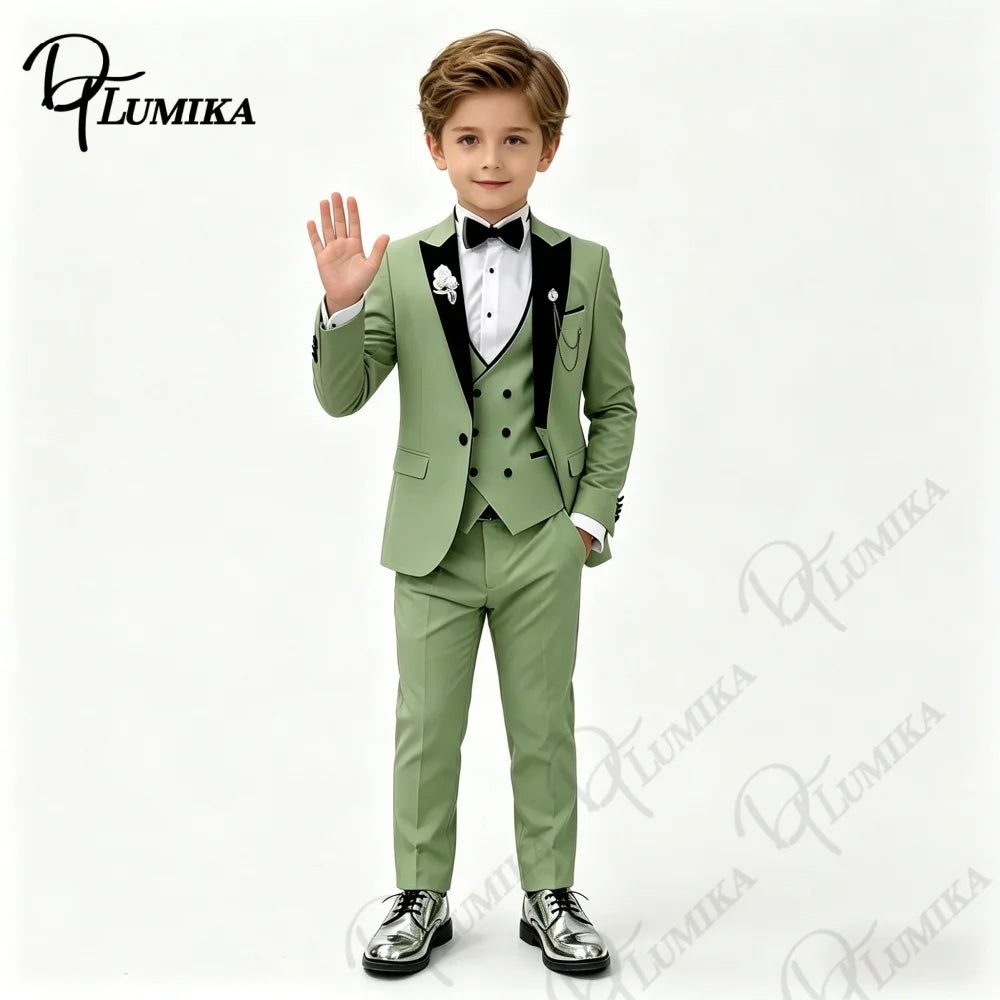 Boys Wedding Suit Jacket Vest Pants with Bowtie Tie Peak Lapel Kids Formal Tuxedo for Party Stage Prom Graduation Dress Outfit