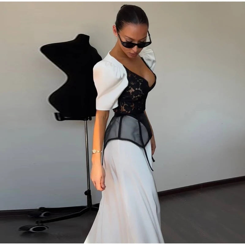 Lace Trim Satin Peplum Midi Dress Deep V-Neck Puff Sleeve A-Line 2026 Spring Summer Chic Elegant Romantic Women Cocktail Dress