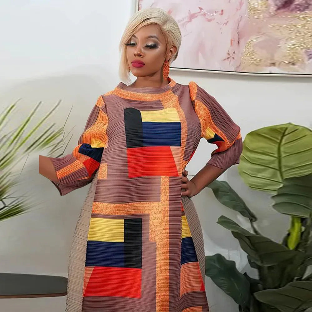 African Dresses for Women Summer Fashion Style African 3/4 Sleeve Polyester O-neck Pleated Dress Dashiki African Clothes Women