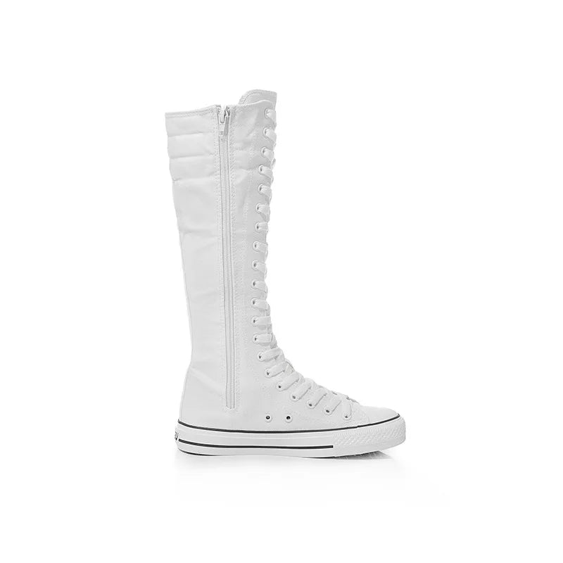 New Women's Canvas Boots Zip Shoes Comfortable Womens Shoes Flat High-top Female Sneakers Lace-up Knee-high Boots Bota Feminina