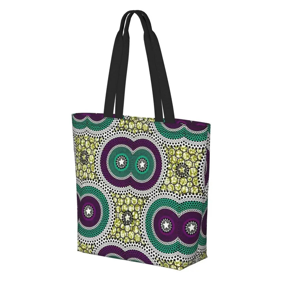 African Ankara Prints Grocery Shopping Tote Bags Women Geometric Ethnic Art Canvas Shoulder Shopper Bags Big Capacity Handbag