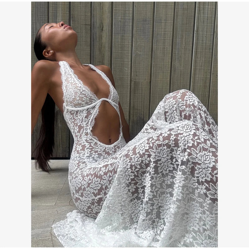 Solid Lace Halter Maxi Dress Sexy Cutout Waist Sheer Slim Fit Fishtail Long Gowns Women's Summer Evening Party Robes 2026 New