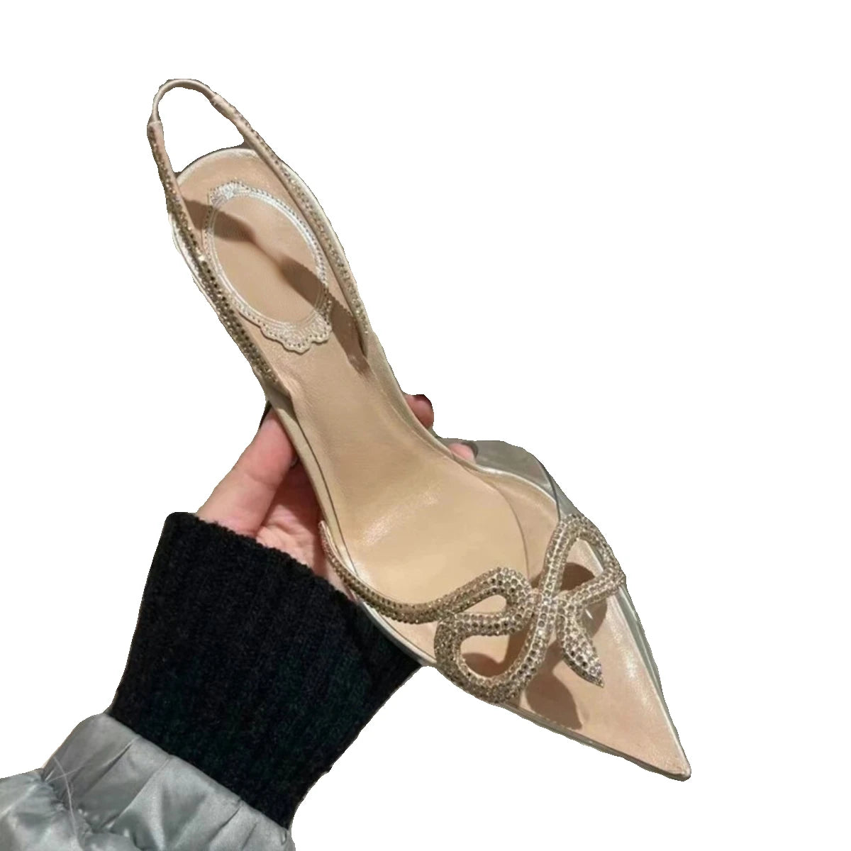 2024 Spring and Summer New Rhinestone High Heels Women's Thin Heels Pointed Sandals Transparent One-word Buckle Bag Head Shoes