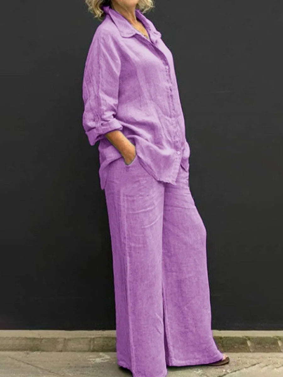 Spring Summer Women Lapel Long Sleeve Shirt High Waist Wide Leg Pants Set