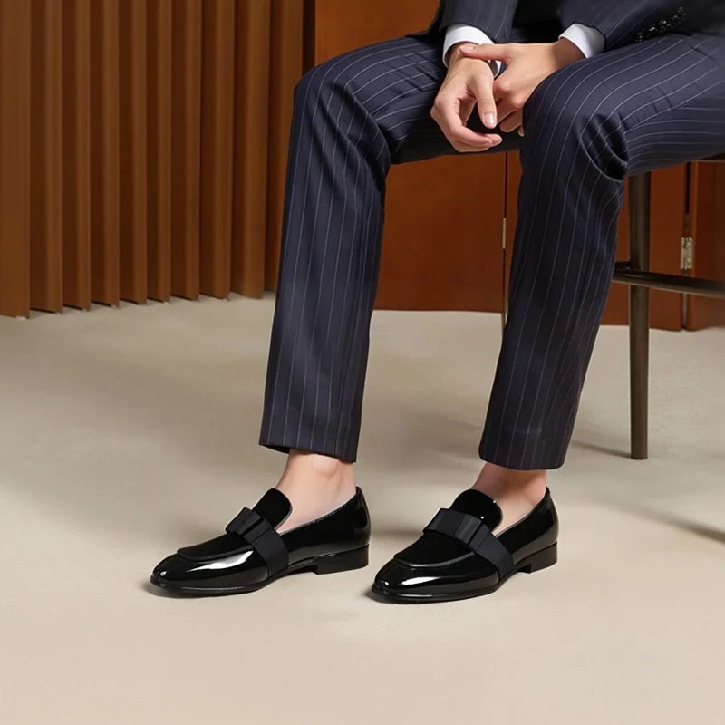 Black Patent Calfskin And Velvet Hand Stitching Men’s Dress Shoe With Grosgrain Ribbon Bow Adorns CL Brand Couture Loafer