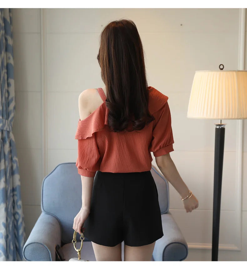 Women's One Shoulder Ruffles Chiffon Blouse Shirt Short Sleeve Pullover Acetate