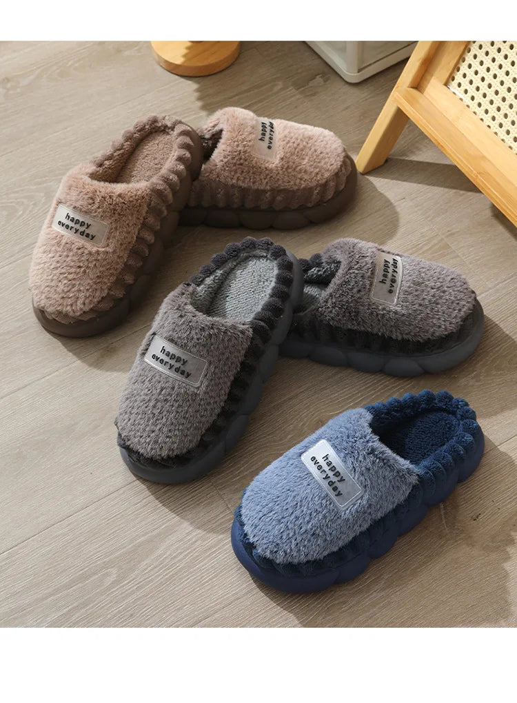 Man slippers home furry thick bottom slides designer winter warm velvet mens slippers blue cotton slipper males shoes