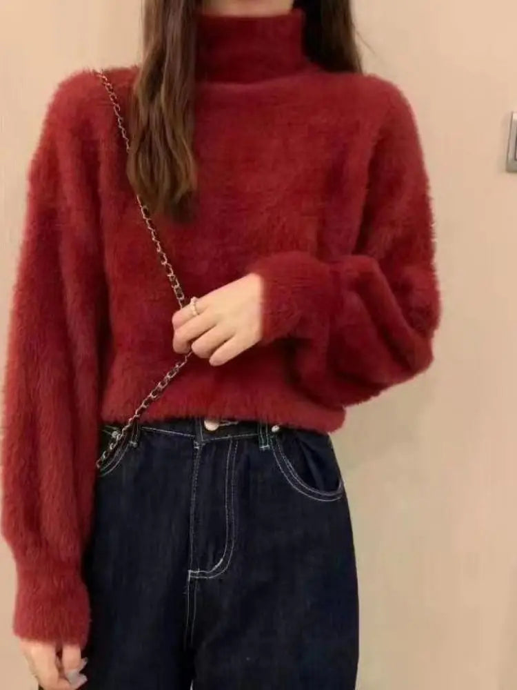 2026 Winter Imitate Mink Wool Hot Fleecing Female Turtleneck Elastic Casual Sweater Women Knitted Tops Pullovers Soft  Warm